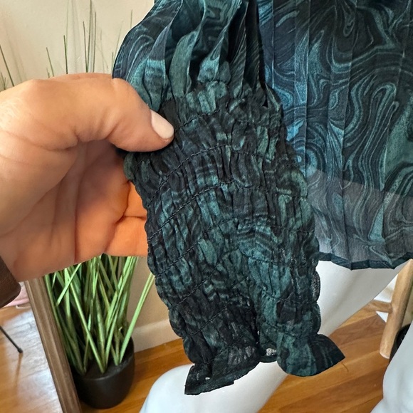 HAVER LONDON Watercolor Print Blouse Long Sleeve Tie Neck Pleated Lined S/P - Picture 3 of 7